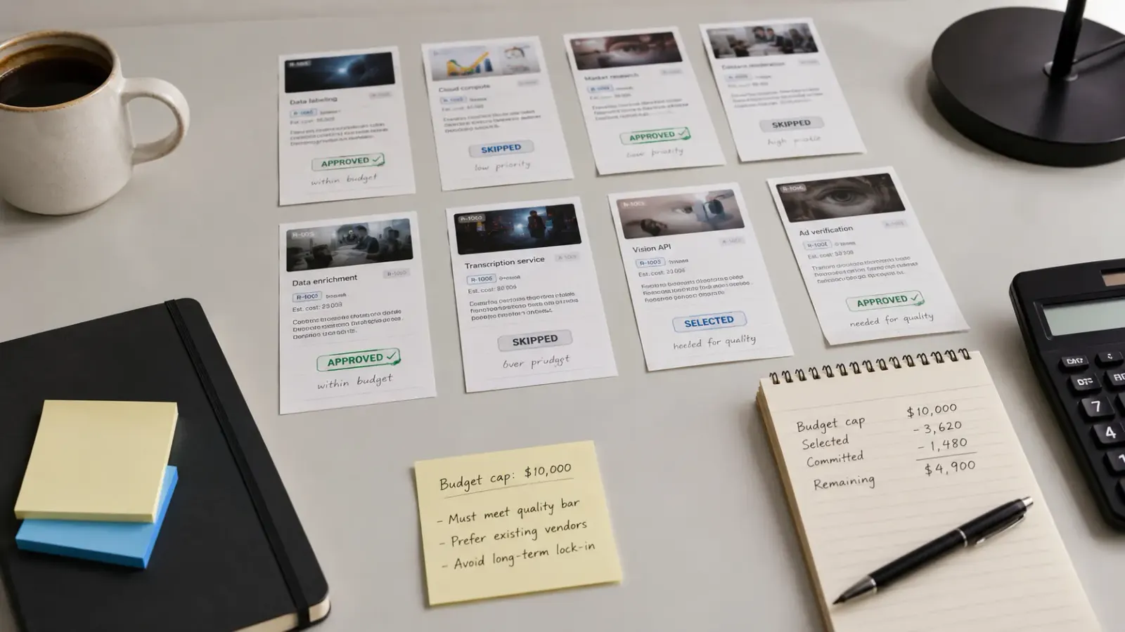 Printed resource cards stamped approved, skipped and selected, beside handwritten budget notes