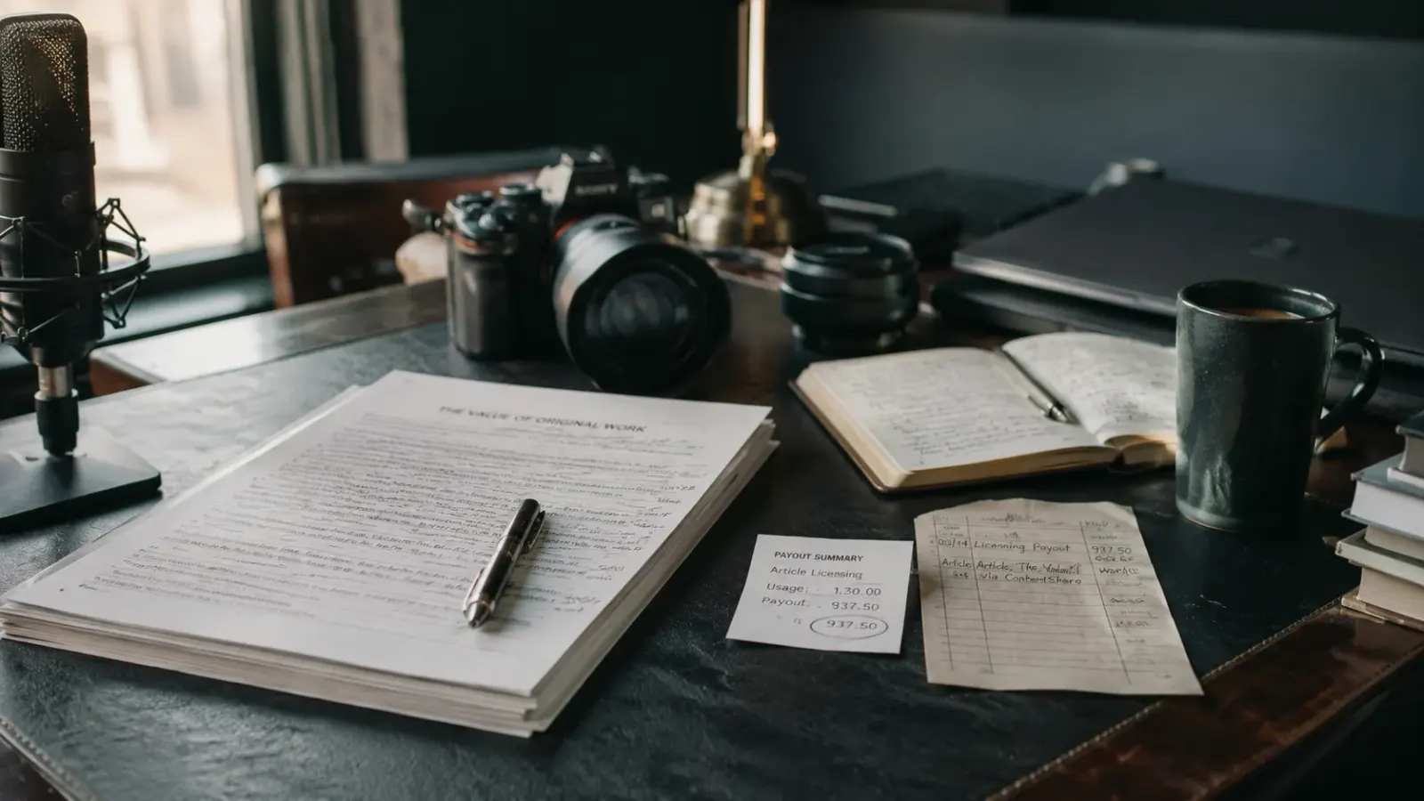 A creator's desk — microphone, camera, manuscript and notebook