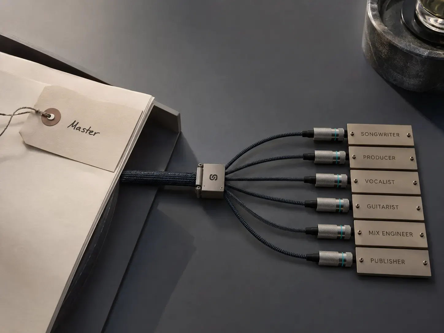 One master cable splitting into six labeled collaborator connectors — songwriter, producer, vocalist, guitarist, mix engineer, publisher