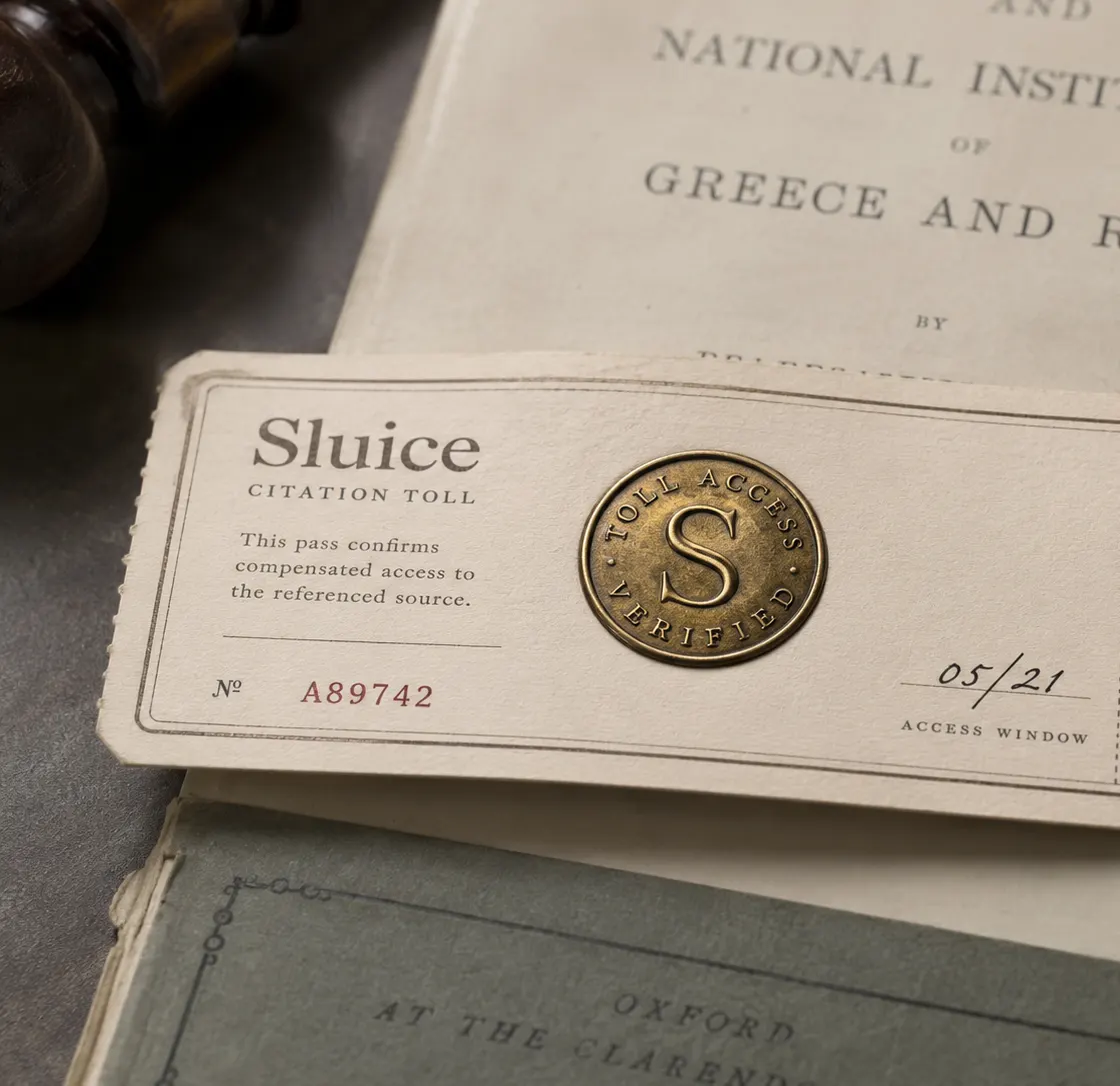 A vintage citation-toll pass with a brass verified seal, resting on classic texts