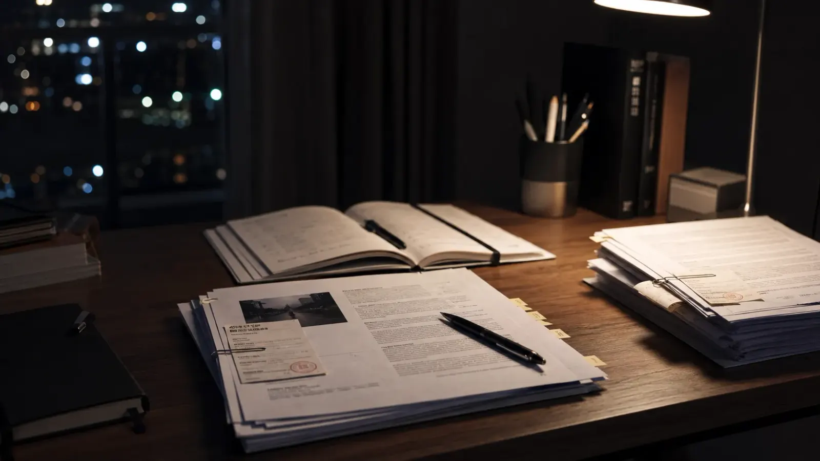 A research desk at night — stacked, annotated source papers under a reading lamp