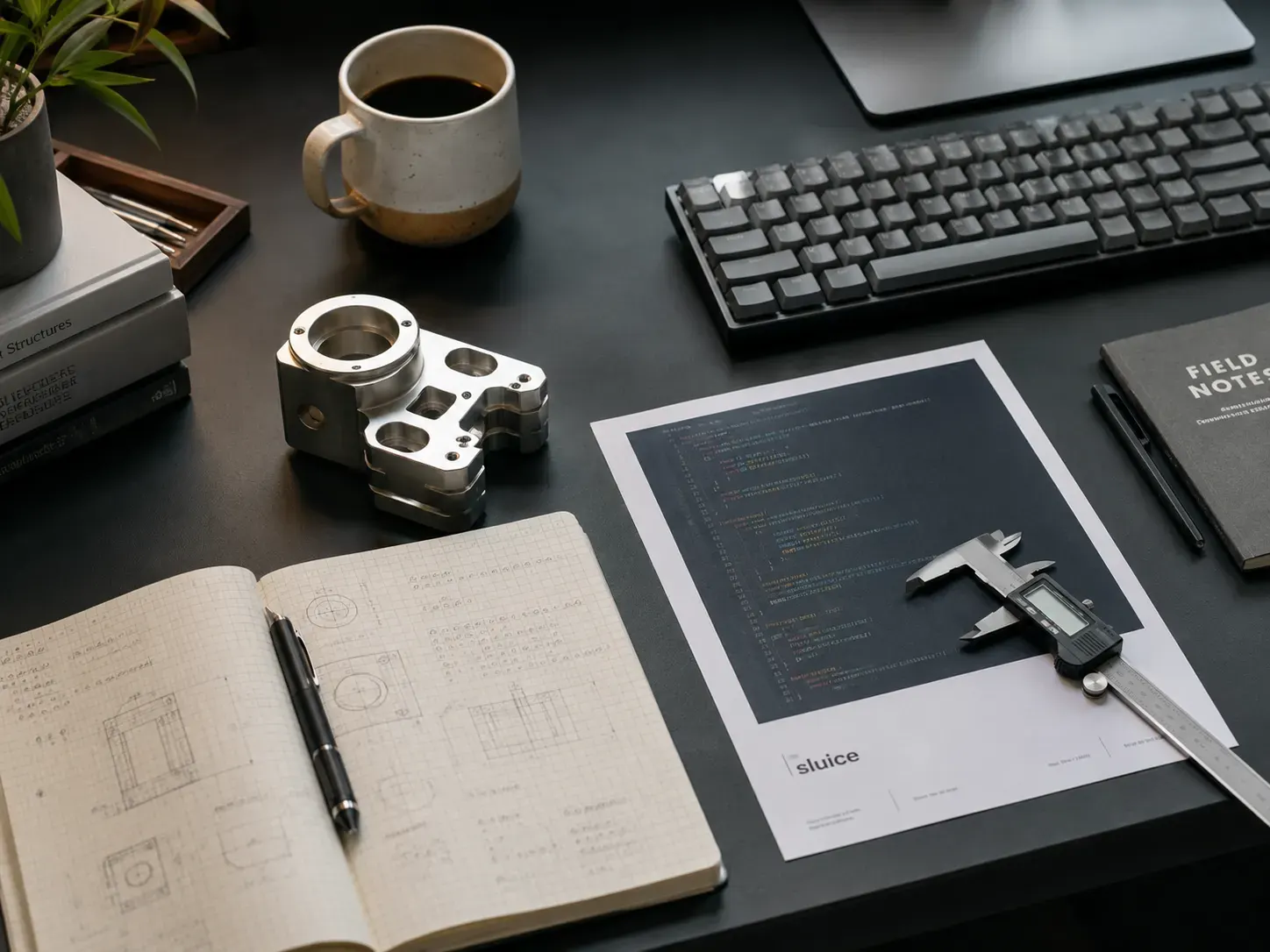 A developer's bench — printed code sheet under calipers, machined parts and field notes