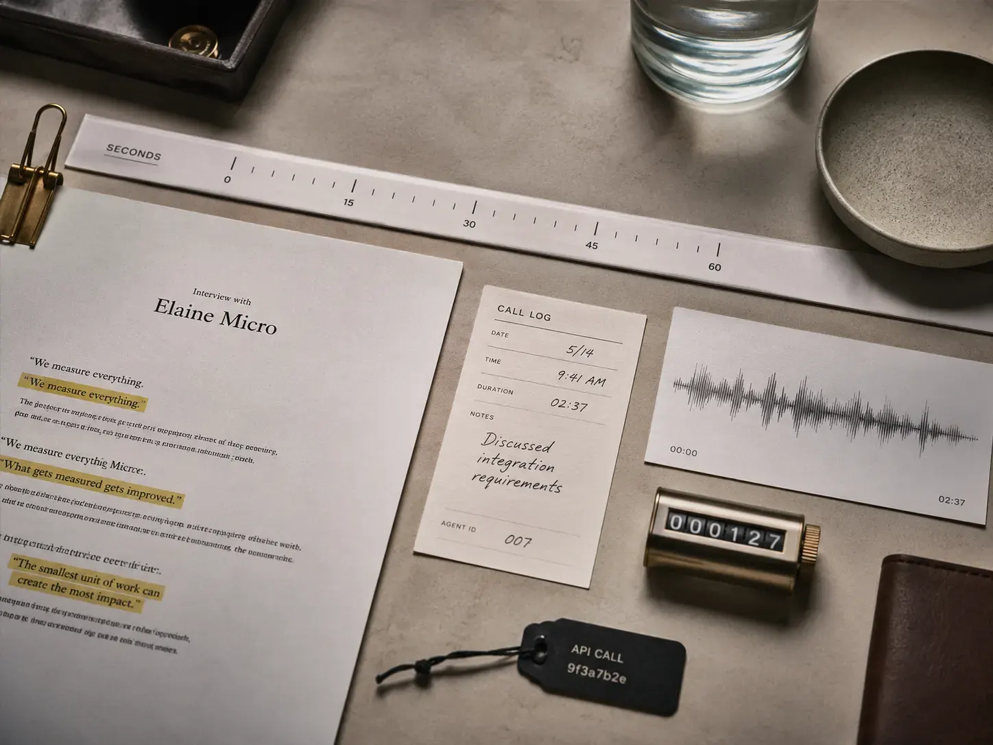 A desk of measurable things — a seconds ruler, a highlighted transcript, a call log, a waveform and a mechanical counter